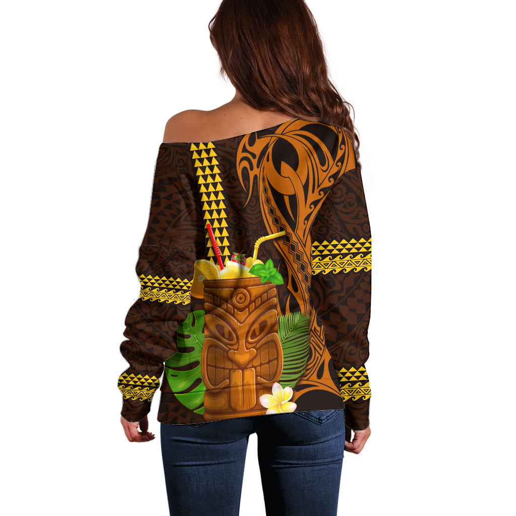Hawaii Tiki Mask Cocktail Off Shoulder Sweater Kakau Tattoo LT03 - Polynesian Pride