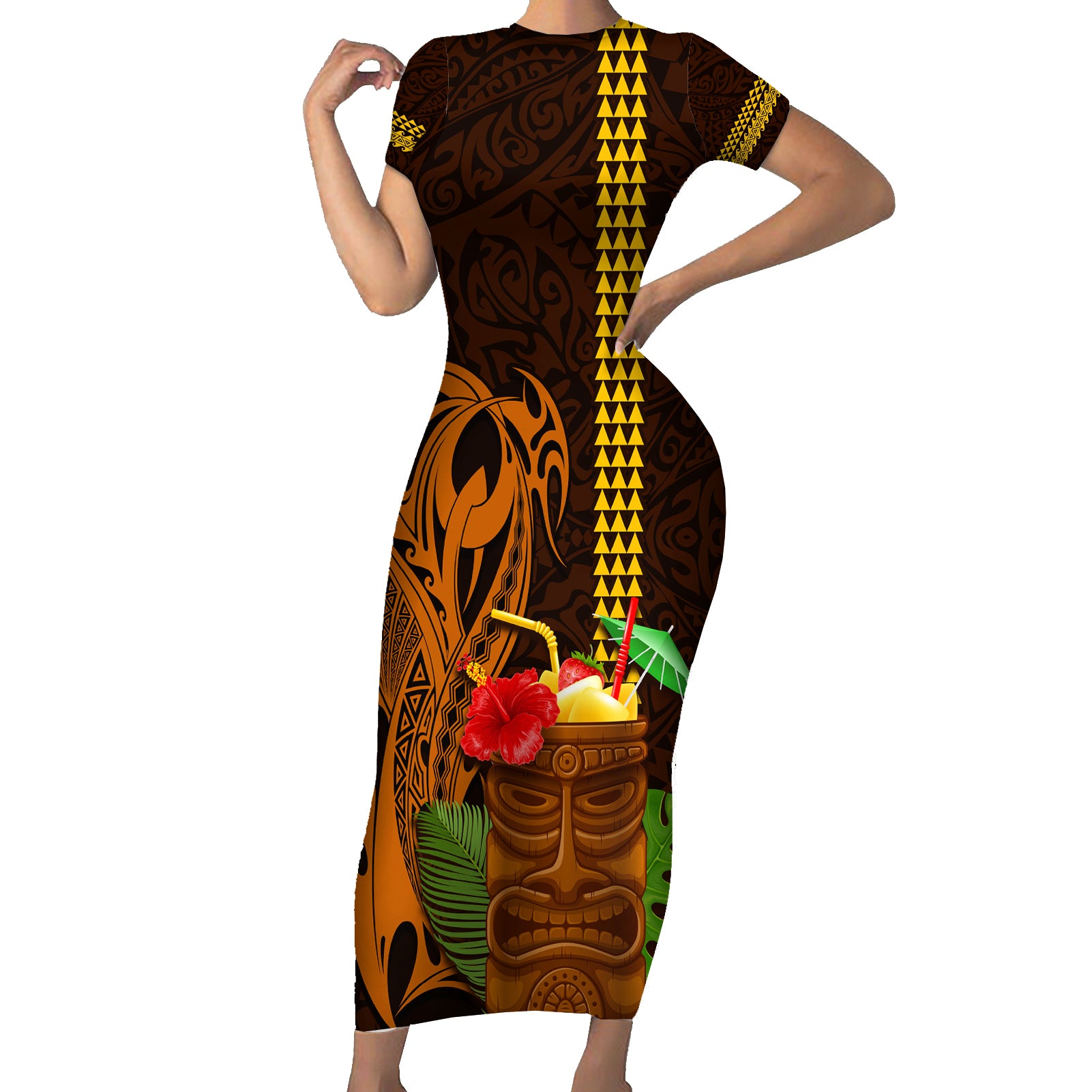 Hawaii Tiki Mask Cocktail Short Sleeve Bodycon Dress Kakau Tattoo LT03 Long Dress Brown - Polynesian Pride