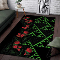 Hawaiian Green Kakau Art Tattoo-Ohia Lehua and Taro Leaves Area Rug