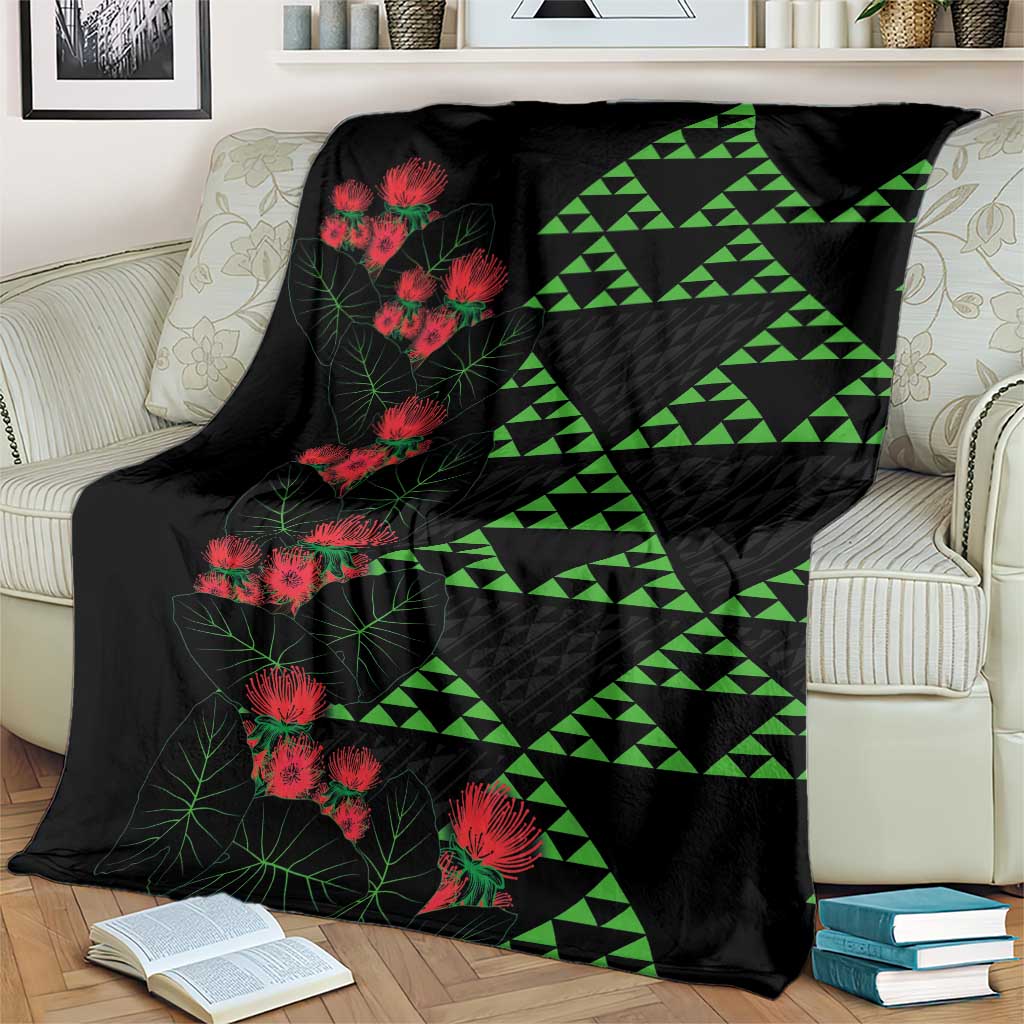 Hawaiian Green Kakau Art Tattoo-Ohia Lehua and Taro Leaves Blanket