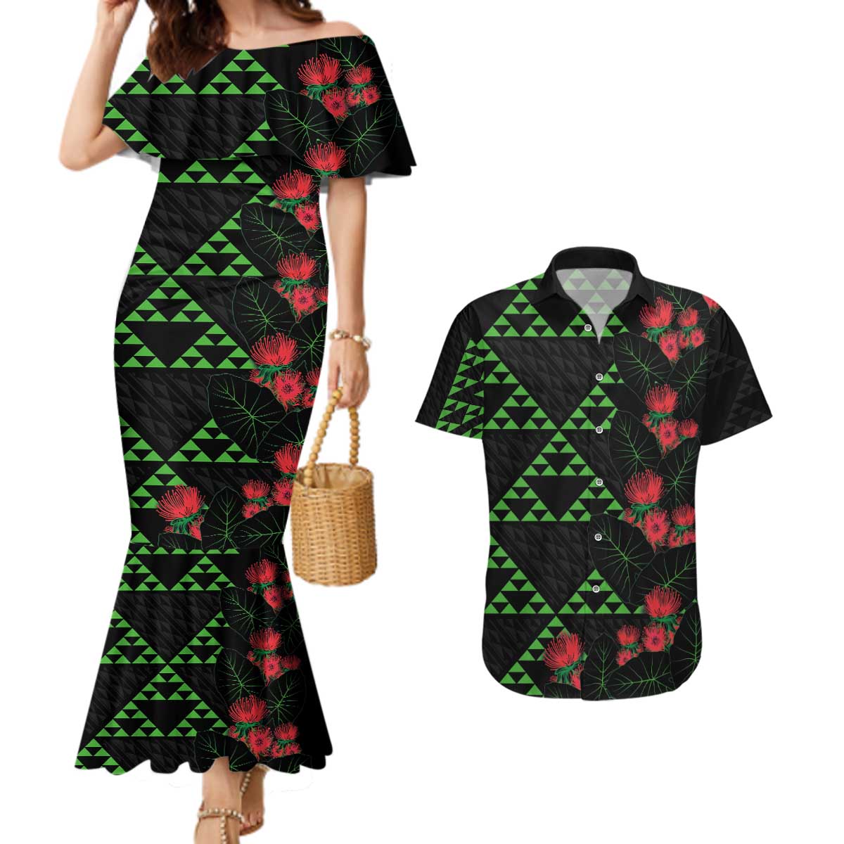 Hawaiian Green Kakau Art Tattoo-Ohia Lehua and Taro Leaves Couples Matching Mermaid Dress and Hawaiian Shirt