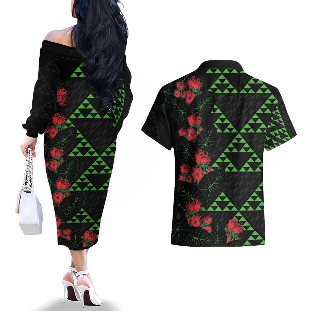 Hawaiian Green Kakau Art Tattoo-Ohia Lehua and Taro Leaves Couples Matching Off The Shoulder Long Sleeve Dress and Hawaiian Shirt
