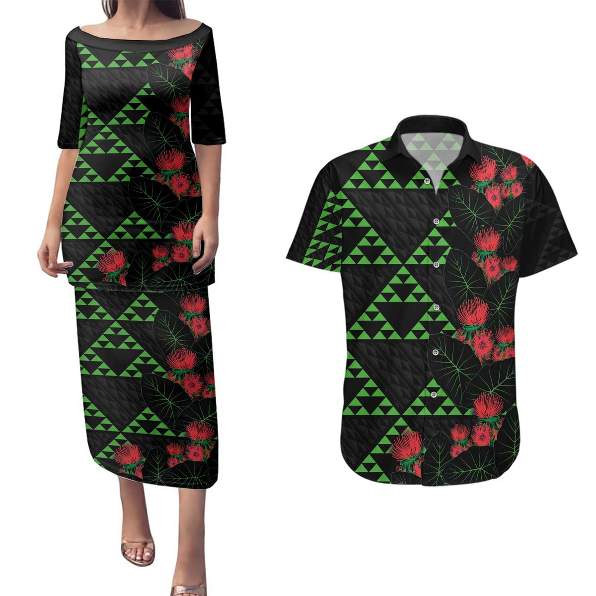 Hawaiian Green Kakau Art Tattoo-Ohia Lehua and Taro Leaves Couples Matching Puletasi and Hawaiian Shirt