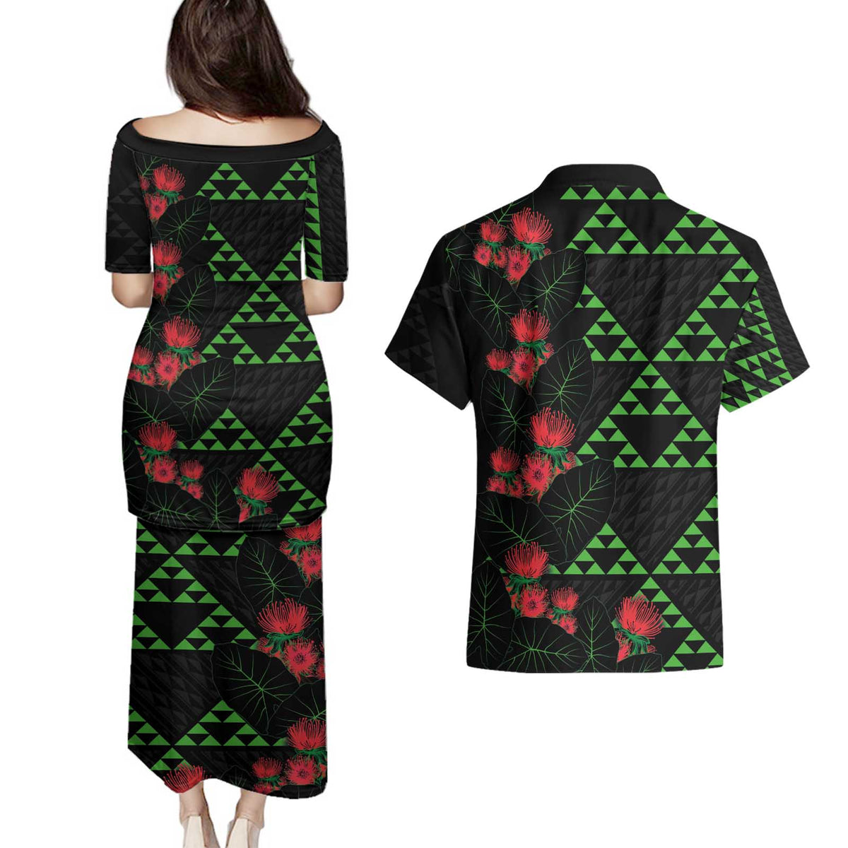 Hawaiian Green Kakau Art Tattoo-Ohia Lehua and Taro Leaves Couples Matching Puletasi and Hawaiian Shirt
