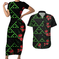 Hawaiian Green Kakau Art Tattoo-Ohia Lehua and Taro Leaves Couples Matching Short Sleeve Bodycon Dress and Hawaiian Shirt