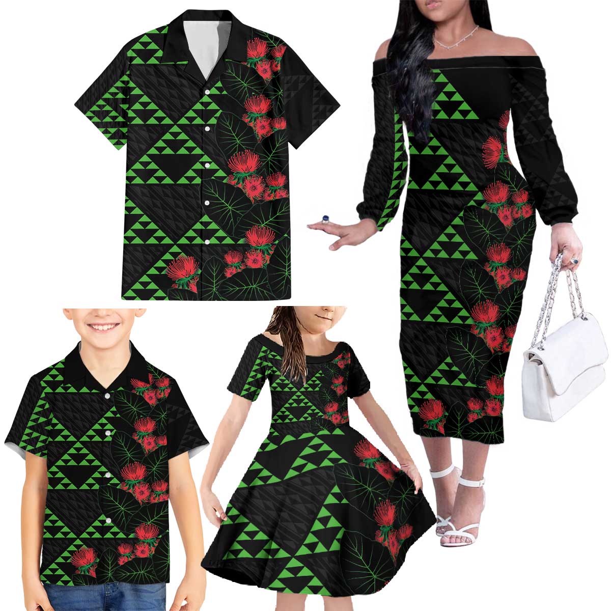 Hawaiian Green Kakau Art Tattoo-Ohia Lehua and Taro Leaves Family Matching Off The Shoulder Long Sleeve Dress and Hawaiian Shirt