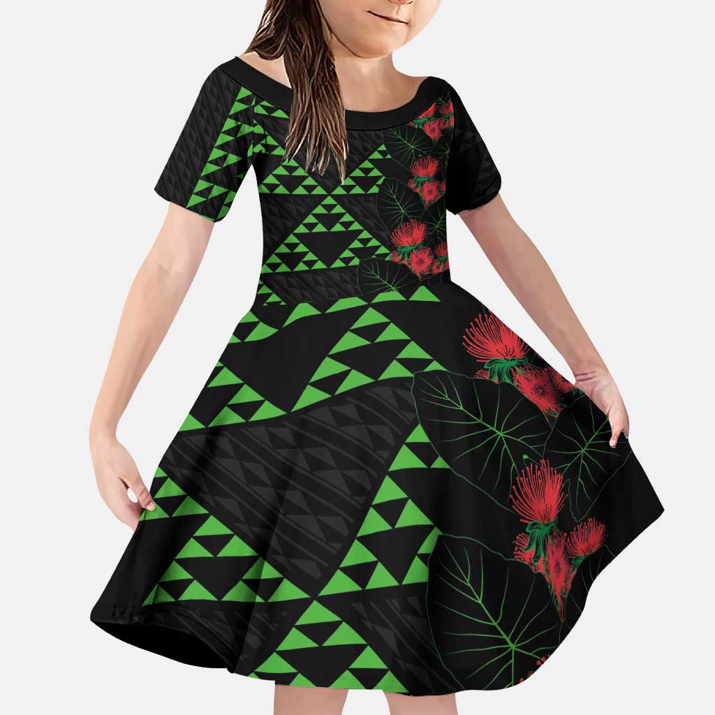 Hawaiian Green Kakau Art Tattoo-Ohia Lehua and Taro Leaves Family Matching Puletasi and Hawaiian Shirt