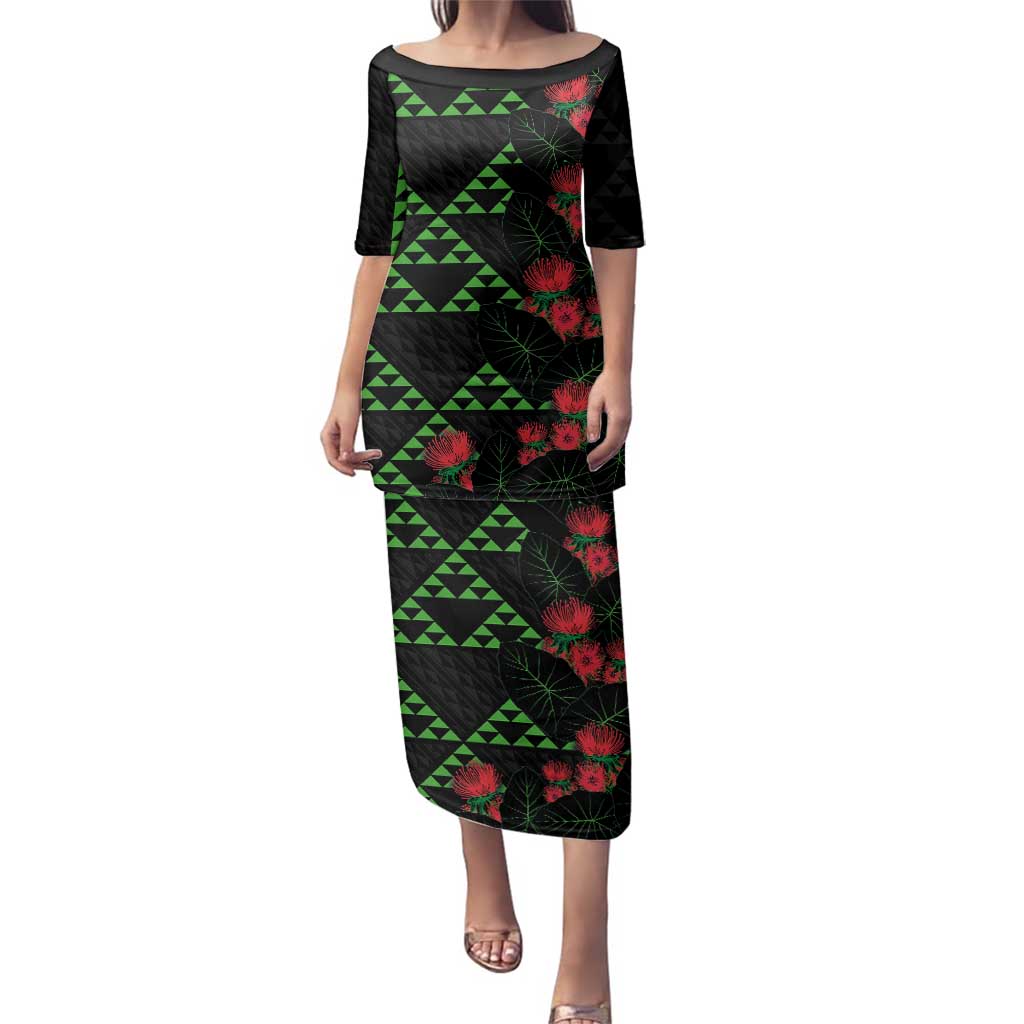 Hawaiian Green Kakau Art Tattoo-Ohia Lehua and Taro Leaves Family Matching Puletasi and Hawaiian Shirt