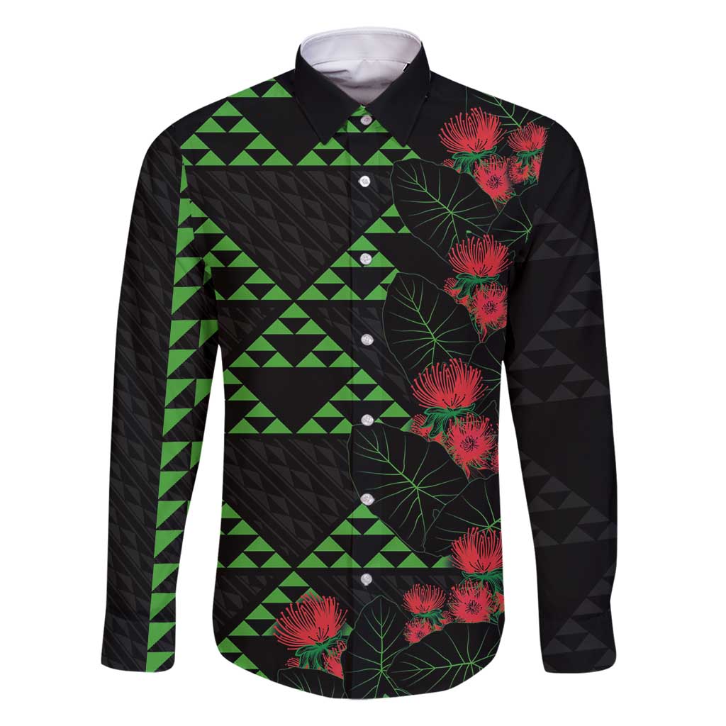 Hawaiian Green Kakau Art Tattoo-Ohia Lehua and Taro Leaves Family Matching Tank Maxi Dress and Hawaiian Shirt