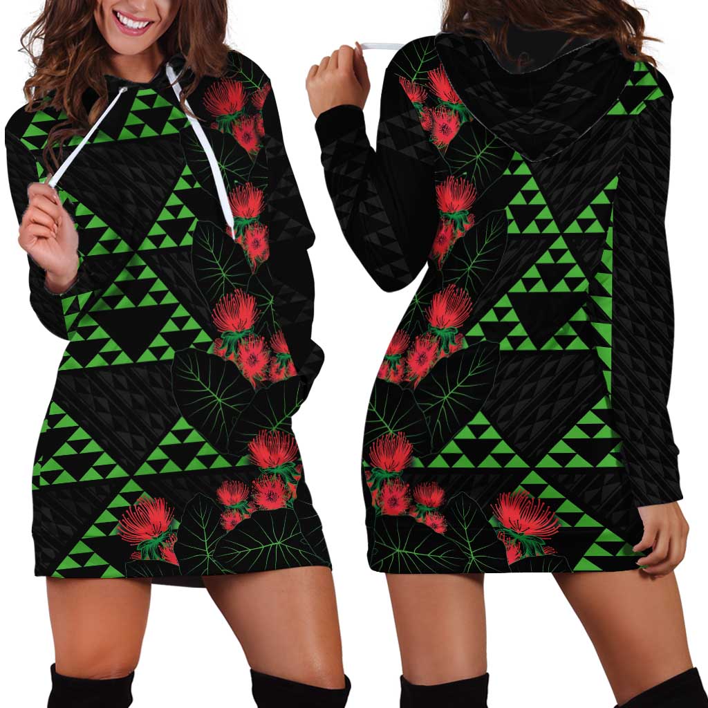 Hawaiian Green Kakau Art Tattoo-Ohia Lehua and Taro Leaves Hoodie Dress