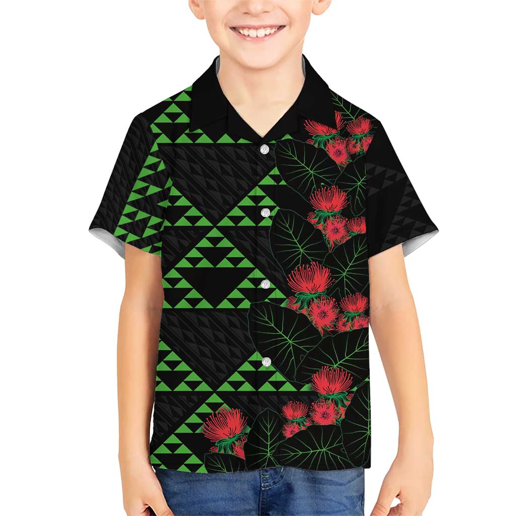 Hawaiian Green Kakau Art Tattoo-Ohia Lehua and Taro Leaves Kid Hawaiian Shirt
