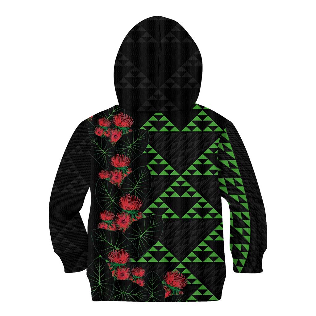 Hawaiian Green Kakau Art Tattoo-Ohia Lehua and Taro Leaves Kid Hoodie
