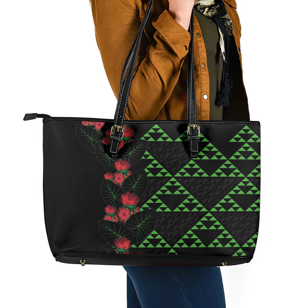 Hawaiian Green Kakau Art Tattoo-Ohia Lehua and Taro Leaves Leather Tote Bag