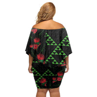Hawaiian Green Kakau Art Tattoo-Ohia Lehua and Taro Leaves Off Shoulder Short Dress
