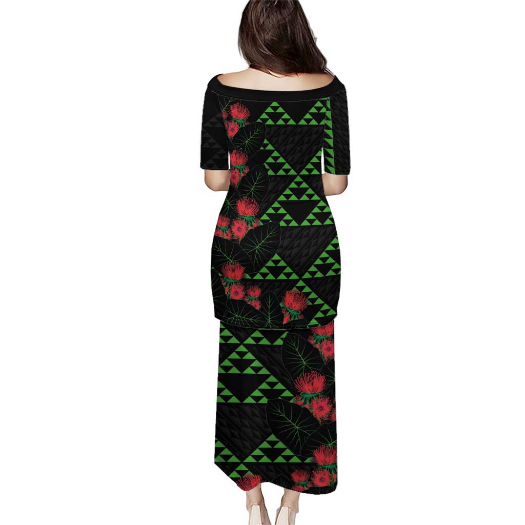 Hawaiian Green Kakau Art Tattoo-Ohia Lehua and Taro Leaves Puletasi