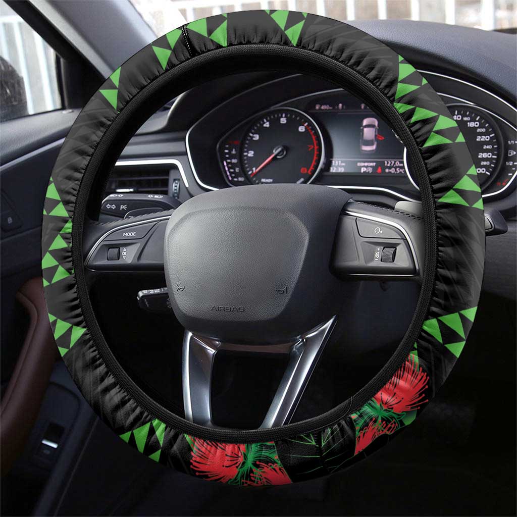 Hawaiian Green Kakau Art Tattoo-Ohia Lehua and Taro Leaves Steering Wheel Cover