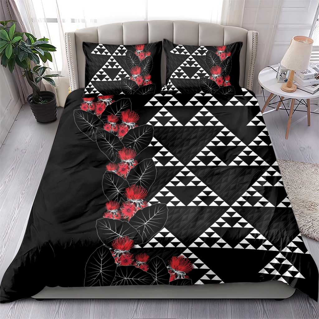 Hawaiian White Kakau Art Tattoo-Ohia Lehua and Taro Leaves Bedding Set