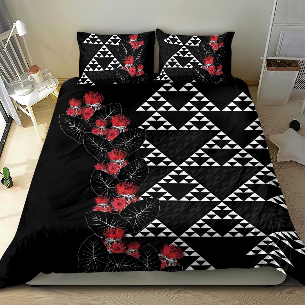 Hawaiian White Kakau Art Tattoo-Ohia Lehua and Taro Leaves Bedding Set