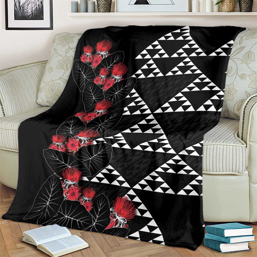 Hawaiian White Kakau Art Tattoo-Ohia Lehua and Taro Leaves Blanket