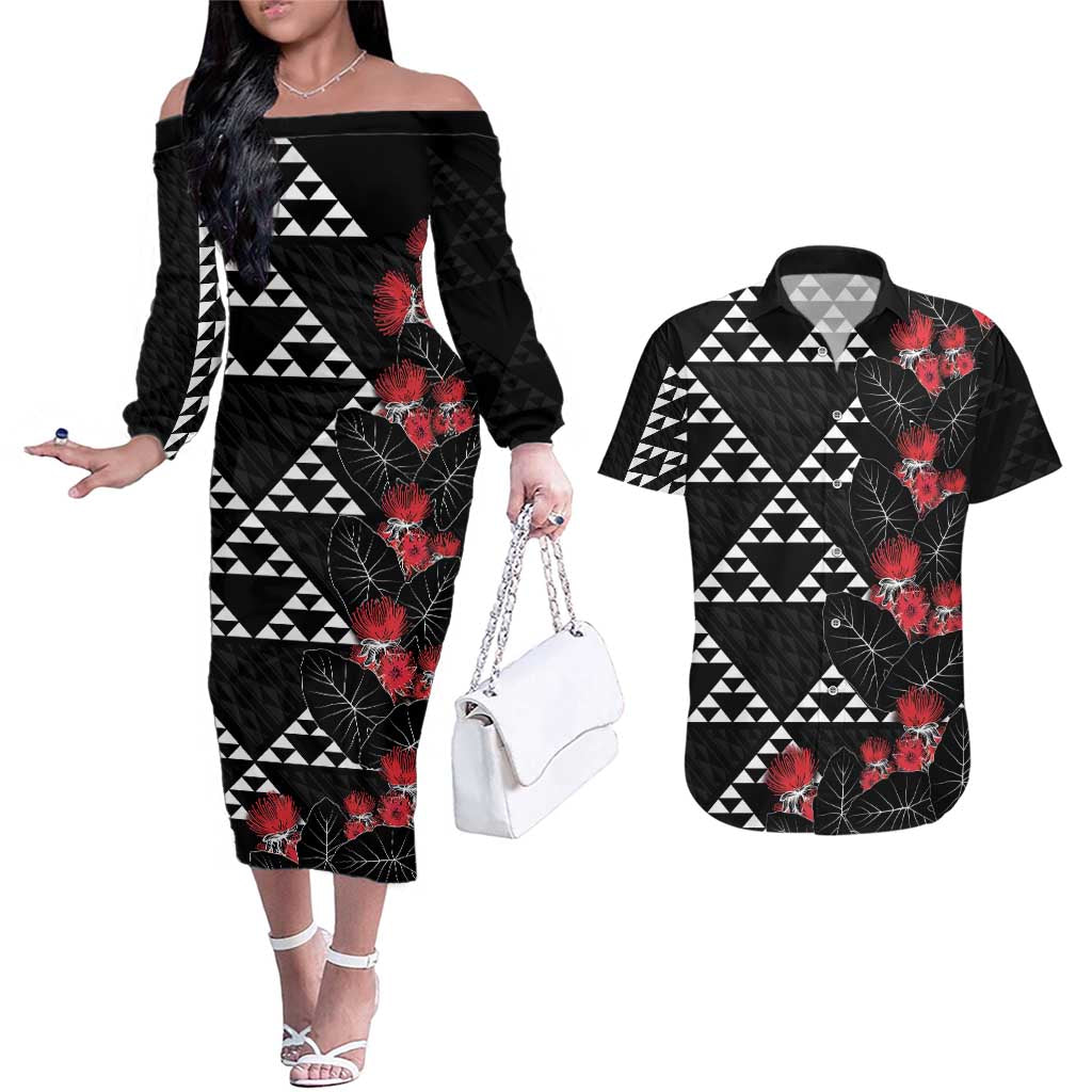 Hawaiian White Kakau Art Tattoo-Ohia Lehua and Taro Leaves Couples Matching Off The Shoulder Long Sleeve Dress and Hawaiian Shirt