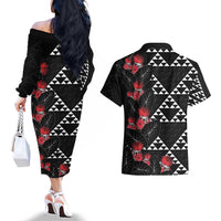Hawaiian White Kakau Art Tattoo-Ohia Lehua and Taro Leaves Couples Matching Off The Shoulder Long Sleeve Dress and Hawaiian Shirt