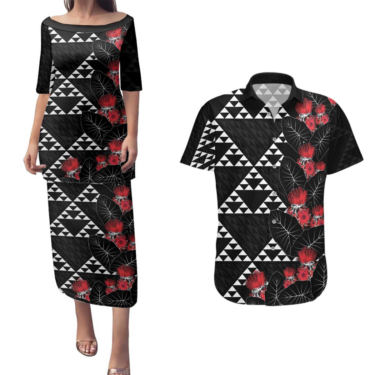 Hawaiian White Kakau Art Tattoo-Ohia Lehua and Taro Leaves Couples Matching Puletasi and Hawaiian Shirt