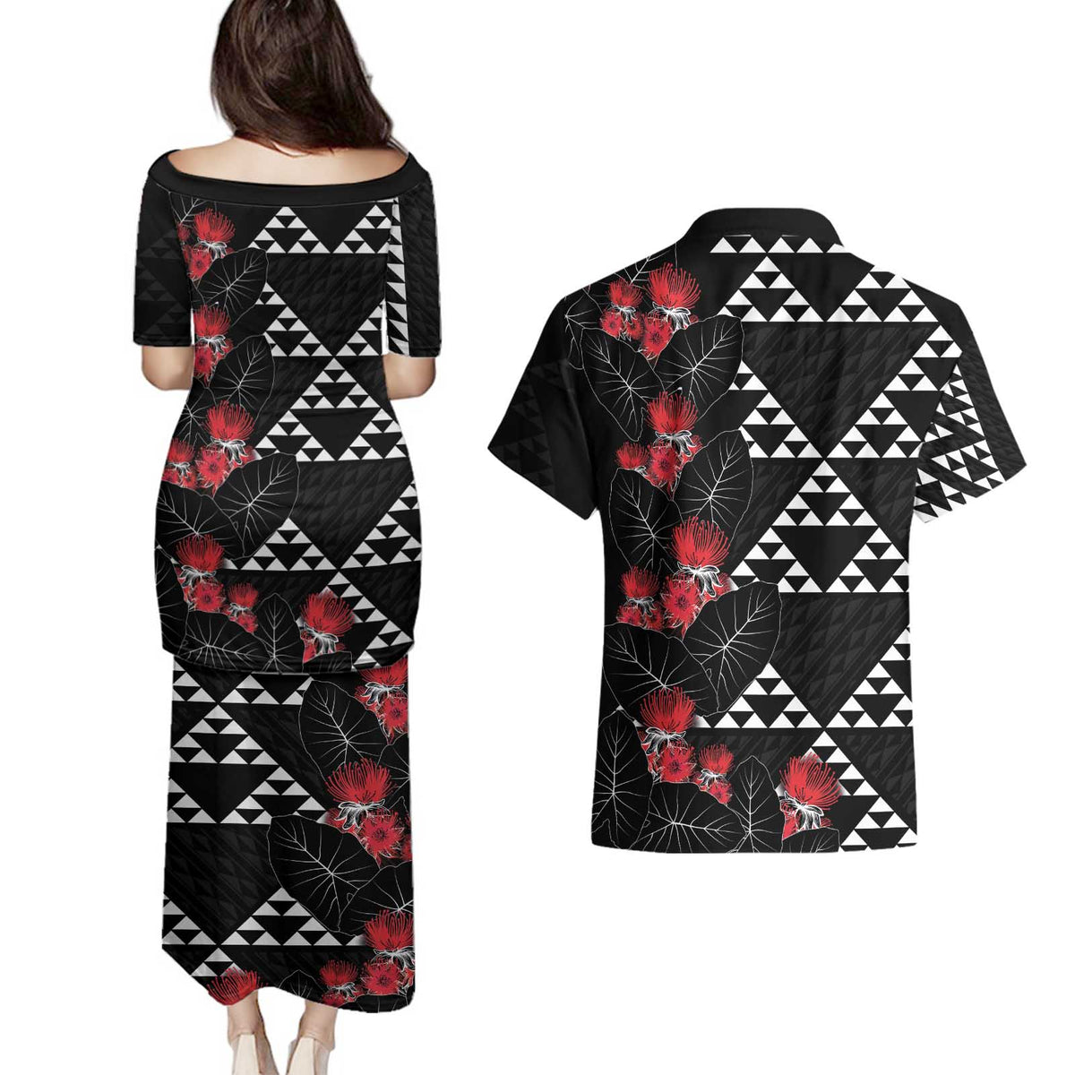 Hawaiian White Kakau Art Tattoo-Ohia Lehua and Taro Leaves Couples Matching Puletasi and Hawaiian Shirt
