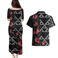 Hawaiian White Kakau Art Tattoo-Ohia Lehua and Taro Leaves Couples Matching Puletasi and Hawaiian Shirt