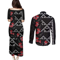 Hawaiian White Kakau Art Tattoo-Ohia Lehua and Taro Leaves Couples Matching Puletasi and Long Sleeve Button Shirt