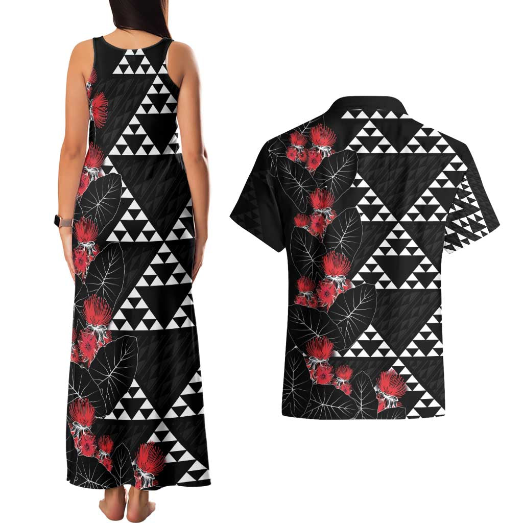 Hawaiian White Kakau Art Tattoo-Ohia Lehua and Taro Leaves Couples Matching Tank Maxi Dress and Hawaiian Shirt