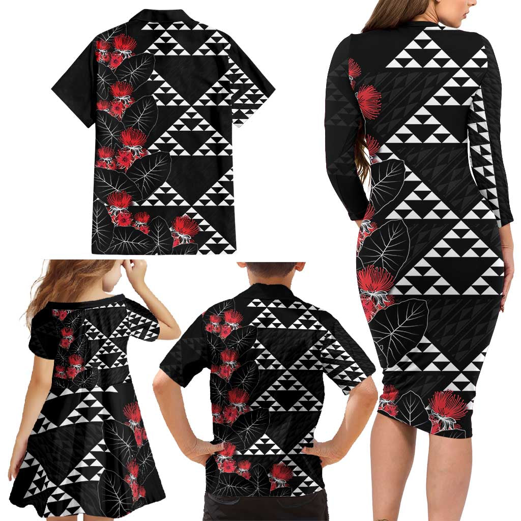 Hawaiian White Kakau Art Tattoo-Ohia Lehua and Taro Leaves Family Matching Long Sleeve Bodycon Dress and Hawaiian Shirt