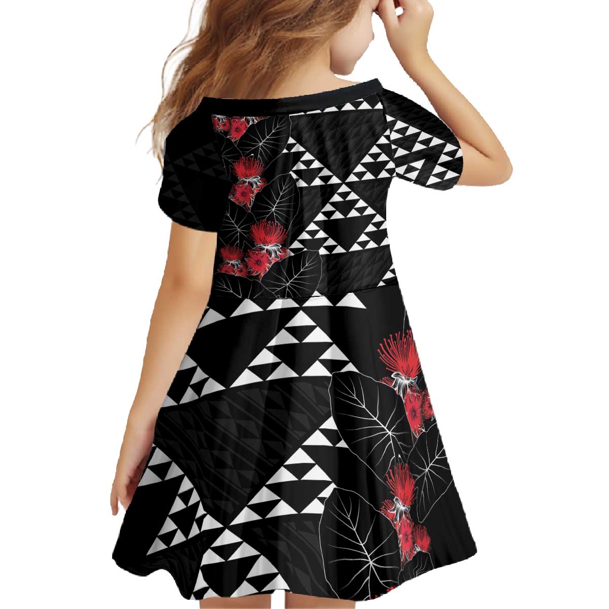 Hawaiian White Kakau Art Tattoo-Ohia Lehua and Taro Leaves Family Matching Off The Shoulder Long Sleeve Dress and Hawaiian Shirt