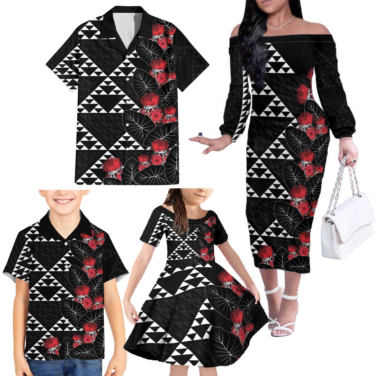 Hawaiian White Kakau Art Tattoo-Ohia Lehua and Taro Leaves Family Matching Off The Shoulder Long Sleeve Dress and Hawaiian Shirt