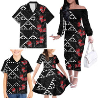 Hawaiian White Kakau Art Tattoo-Ohia Lehua and Taro Leaves Family Matching Off The Shoulder Long Sleeve Dress and Hawaiian Shirt