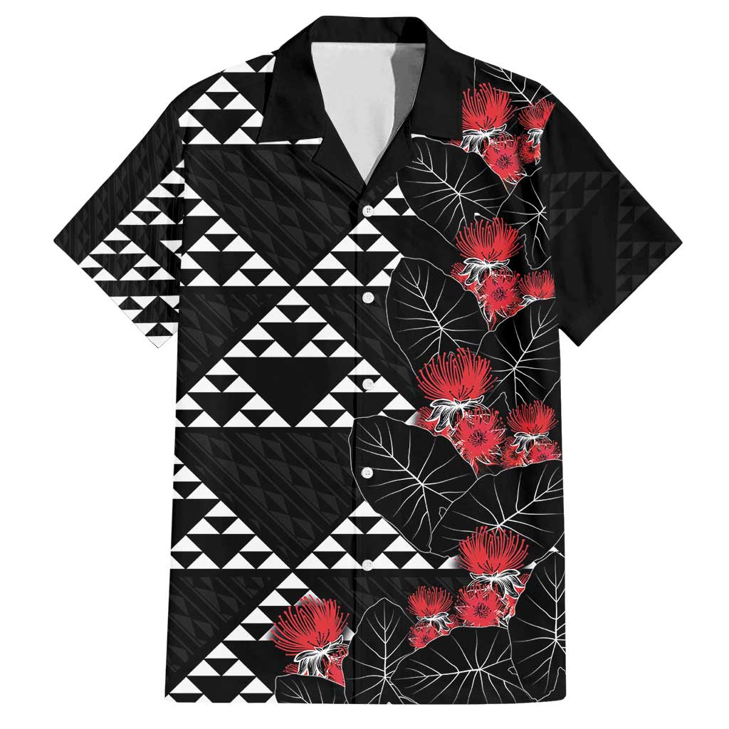 Hawaiian White Kakau Art Tattoo-Ohia Lehua and Taro Leaves Family Matching Off Shoulder Short Dress and Hawaiian Shirt