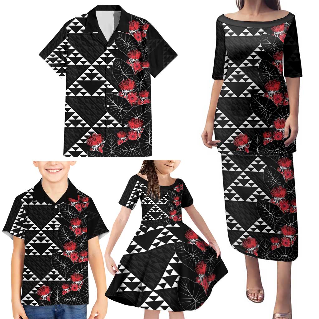 Hawaiian White Kakau Art Tattoo-Ohia Lehua and Taro Leaves Family Matching Puletasi and Hawaiian Shirt