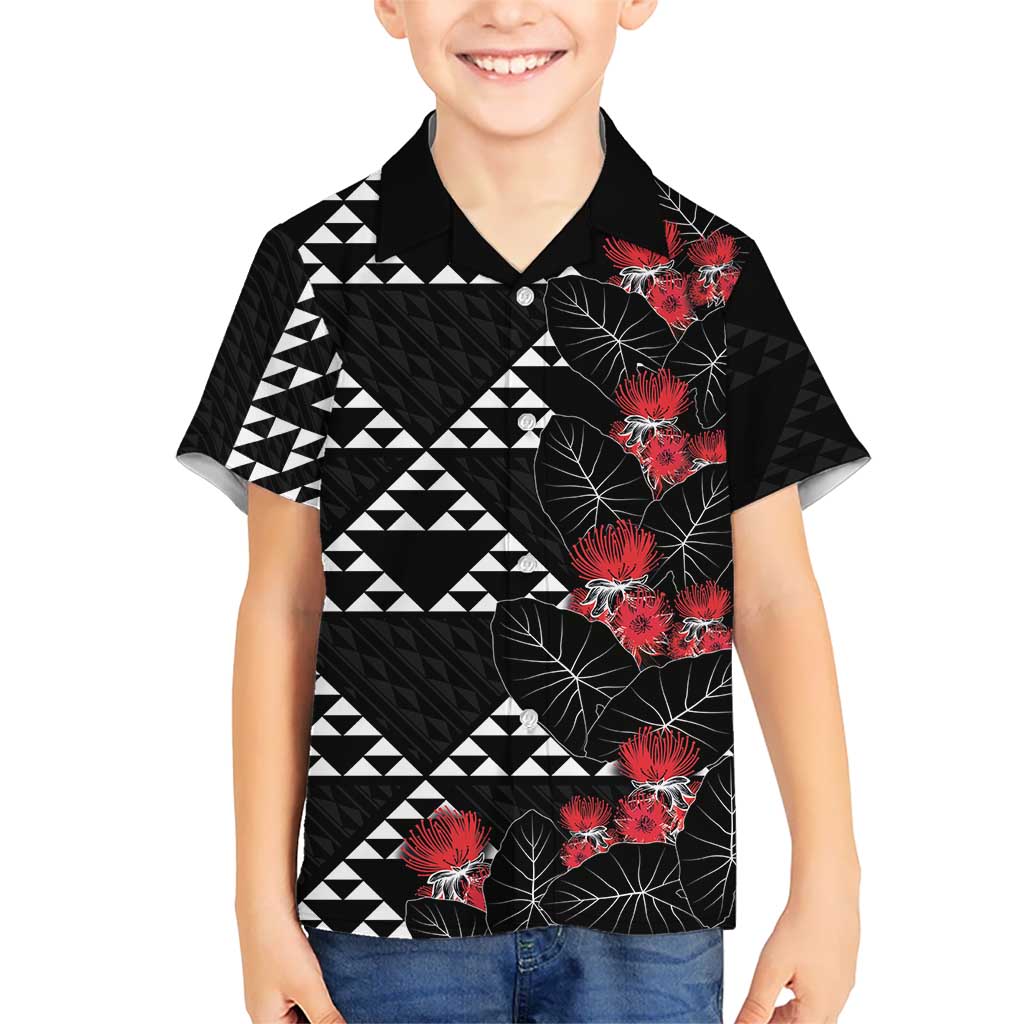 Hawaiian White Kakau Art Tattoo-Ohia Lehua and Taro Leaves Kid Hawaiian Shirt