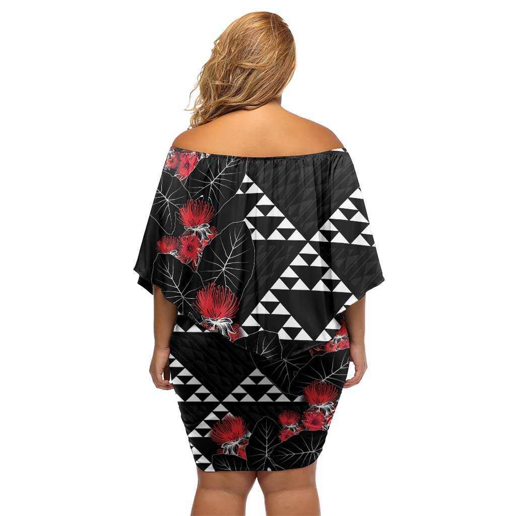 Hawaiian White Kakau Art Tattoo-Ohia Lehua and Taro Leaves Off Shoulder Short Dress