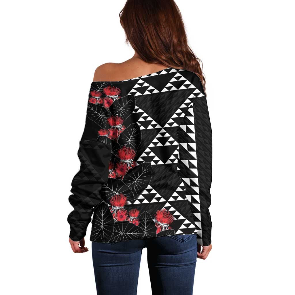 Hawaiian White Kakau Art Tattoo-Ohia Lehua and Taro Leaves Off Shoulder Sweater
