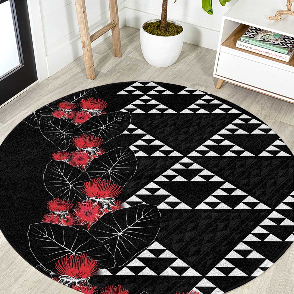 Hawaiian White Kakau Art Tattoo-Ohia Lehua and Taro Leaves Round Carpet LT03 Black-White - Polynesian Pride