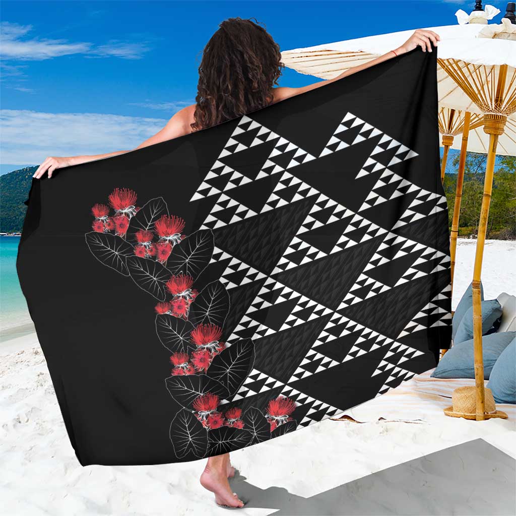 Hawaiian White Kakau Art Tattoo-Ohia Lehua and Taro Leaves Sarong LT03 One Size 44 x 66 inches Black-White - Polynesian Pride