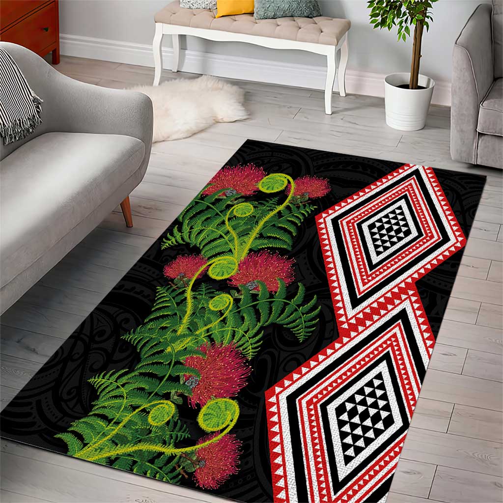 Aotearoa Tukutuku Motif Area Rug Pohutukawa and Fern Leaves