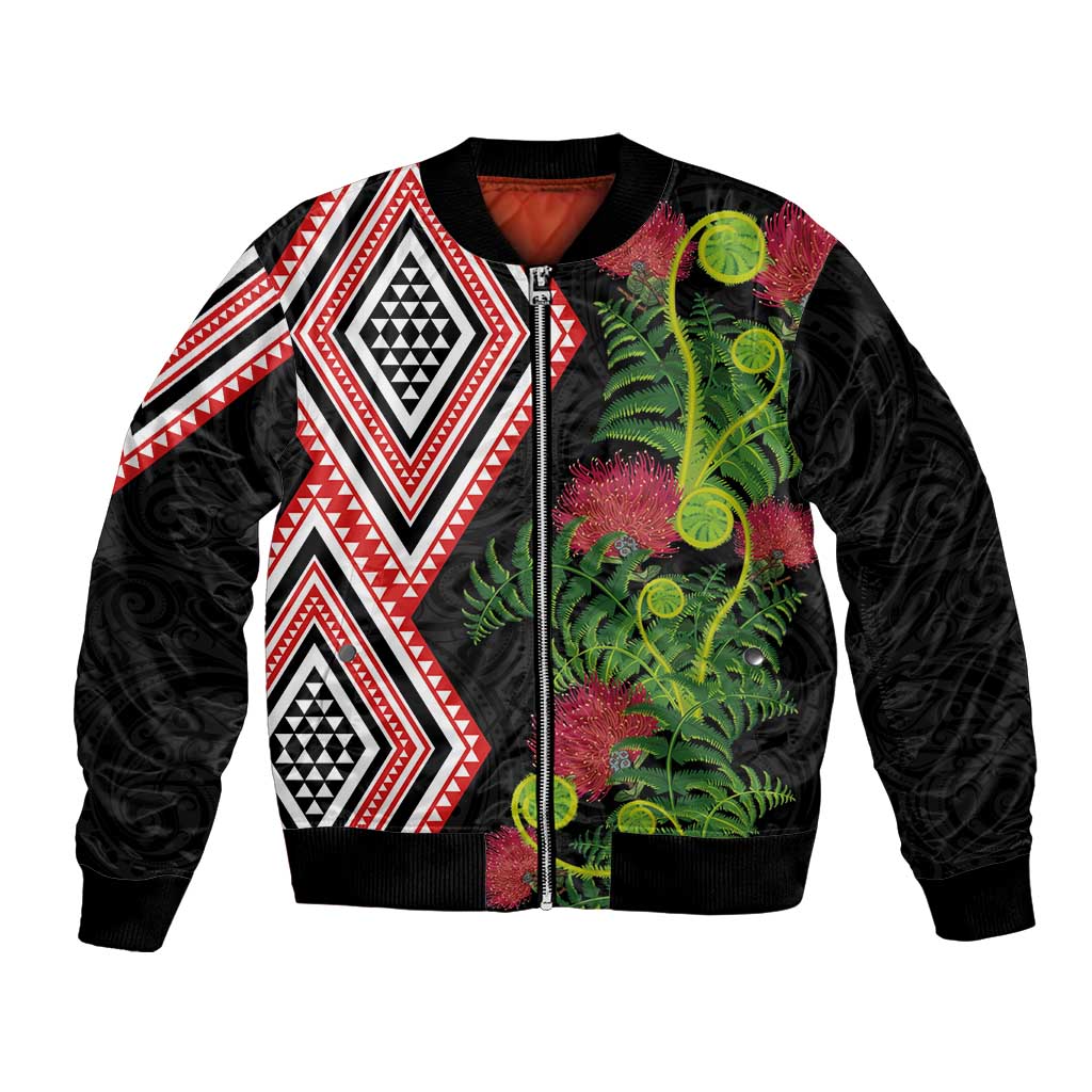 Aotearoa Tukutuku Motif Bomber Jacket Pohutukawa and Fern Leaves LT03 Unisex Black - Polynesian Pride