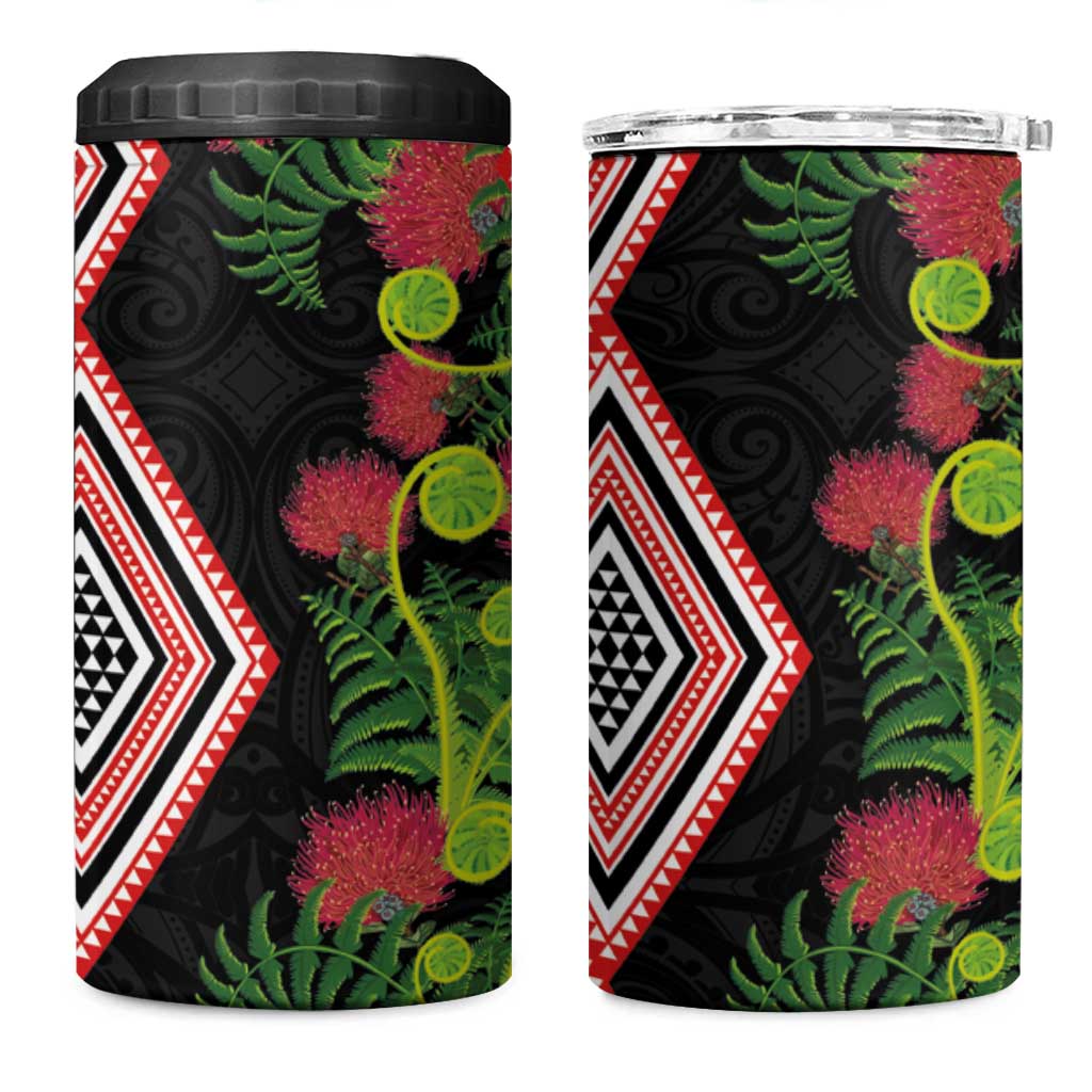 Aotearoa Tukutuku Motif 4 in 1 Can Cooler Tumbler Pohutukawa and Fern Leaves