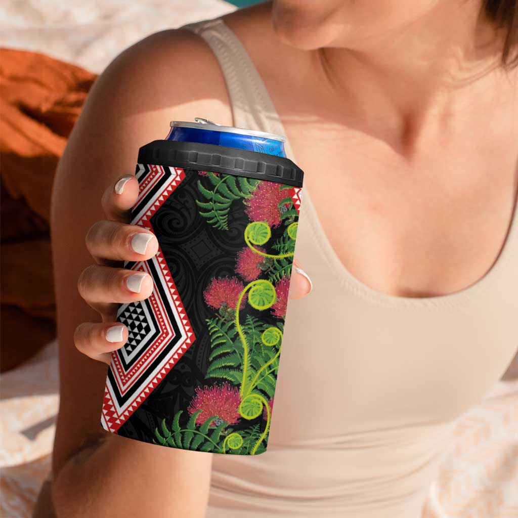 Aotearoa Tukutuku Motif 4 in 1 Can Cooler Tumbler Pohutukawa and Fern Leaves