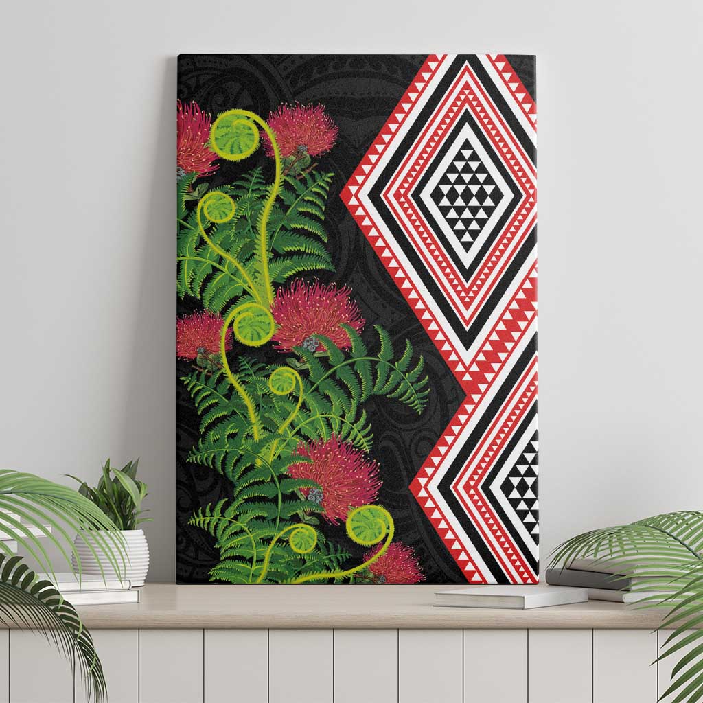Aotearoa Tukutuku Motif Canvas Wall Art Pohutukawa and Fern Leaves