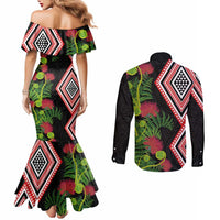 Aotearoa Tukutuku Motif Couples Matching Mermaid Dress and Long Sleeve Button Shirt Pohutukawa and Fern Leaves