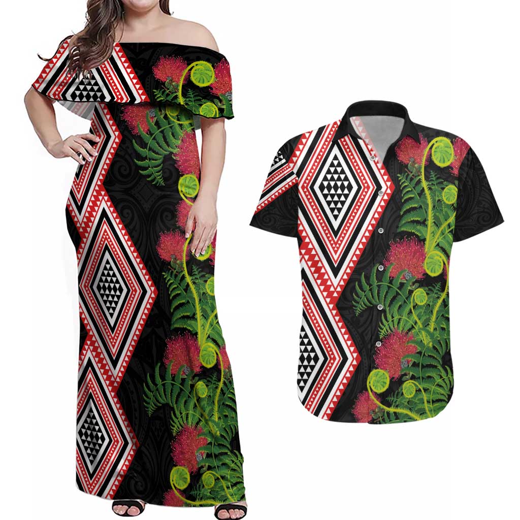 Aotearoa Tukutuku Motif Couples Matching Off Shoulder Maxi Dress and Hawaiian Shirt Pohutukawa and Fern Leaves