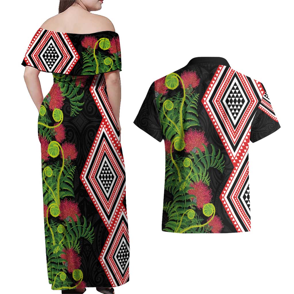 Aotearoa Tukutuku Motif Couples Matching Off Shoulder Maxi Dress and Hawaiian Shirt Pohutukawa and Fern Leaves
