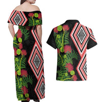Aotearoa Tukutuku Motif Couples Matching Off Shoulder Maxi Dress and Hawaiian Shirt Pohutukawa and Fern Leaves